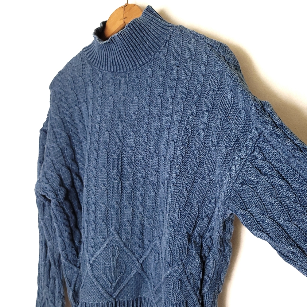 Blue cable knit distressed High mock turtleneck sweater - Picture 3 of 6
